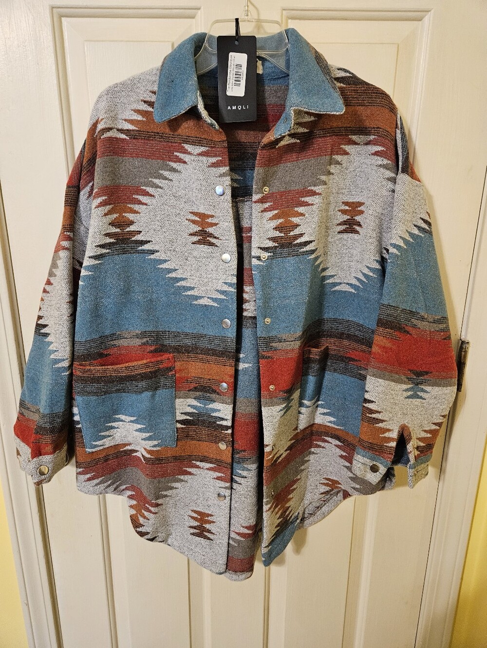 Amolē Southwestern Aztec Print Button-Front Jacket - Blue & Rust Shacket